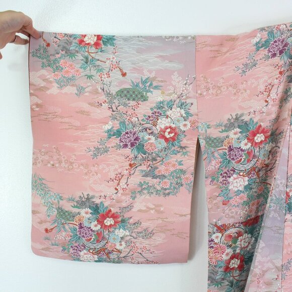 Japanese Mid-Century Kimono Floral Pink‎ Dress OS - Picture 4 of 9